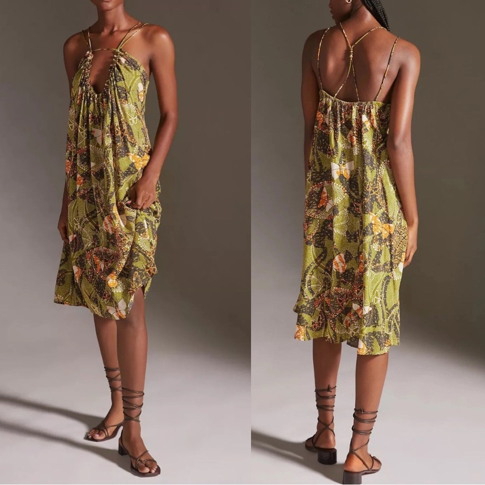Anthropologie Olive Green & Rust Printed Midi Dress